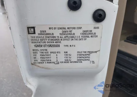 2005 Chevrolet Tahoe Z71 z USA, uszkodzony, nr VIN 1GNEK13T15R255939